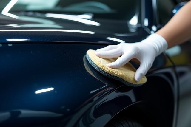 光沢のある車の表面にセラミックコーティングを施す様子